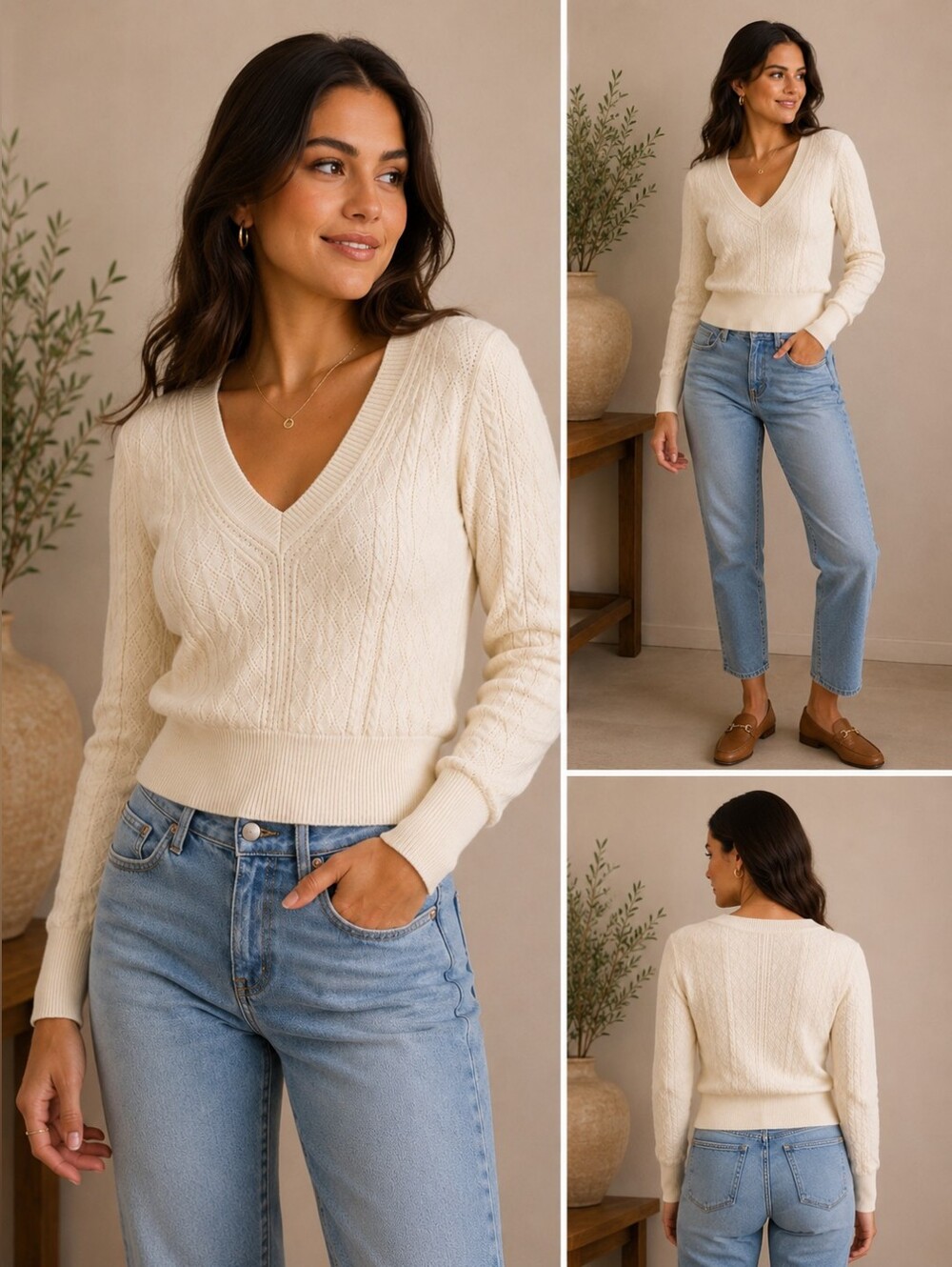 💙 DR2 Cream V-Neck Textured Knit Pullover
